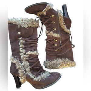 Splash Brown Faux Fur Lace-Up Heeled Boots